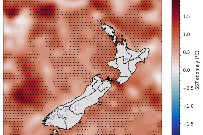 30-day SST anomalies and marine heatwave conditions (stippled), calculated with respect to the 1991-2020 climatological period.