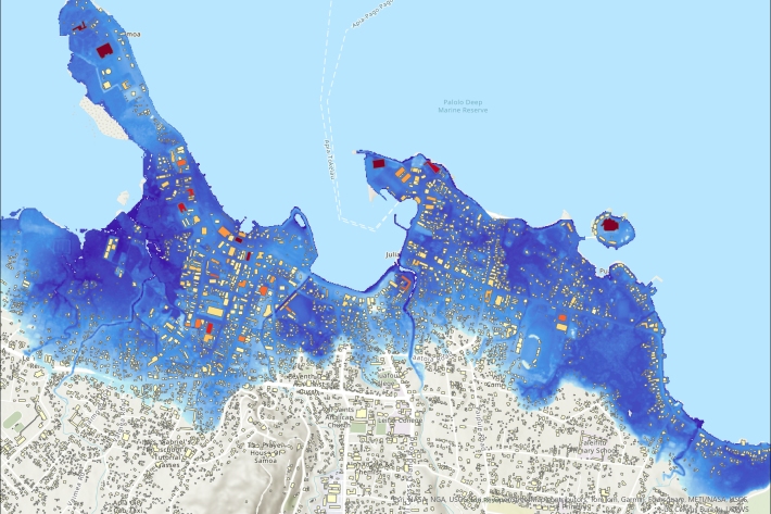 Map showing building loss for a 1 in 100-year storm with 0.5 m sea-level rise for Apia, Samoa.