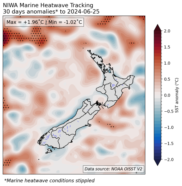 30-day SST anomalies and marine heatwave conditions (stippled), calculated with respect to the 1991-2020 climatological period.