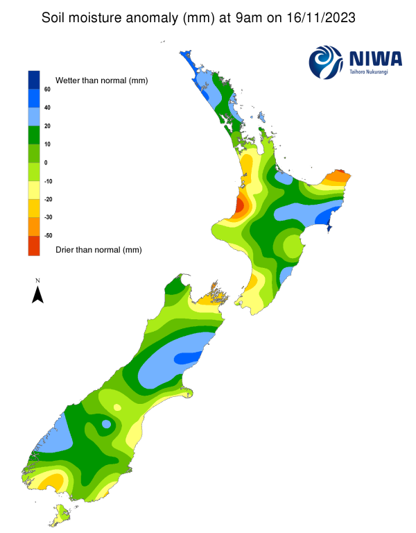 Soil moisture anomaly map at 9am on 16 November 2023