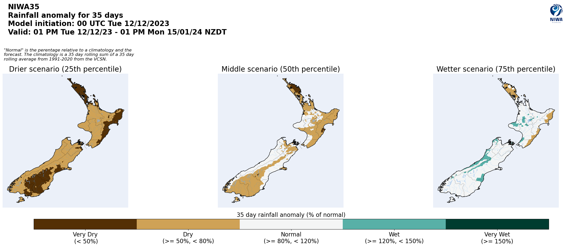 Rainfall anomaly next 35 days from 12 December 2023