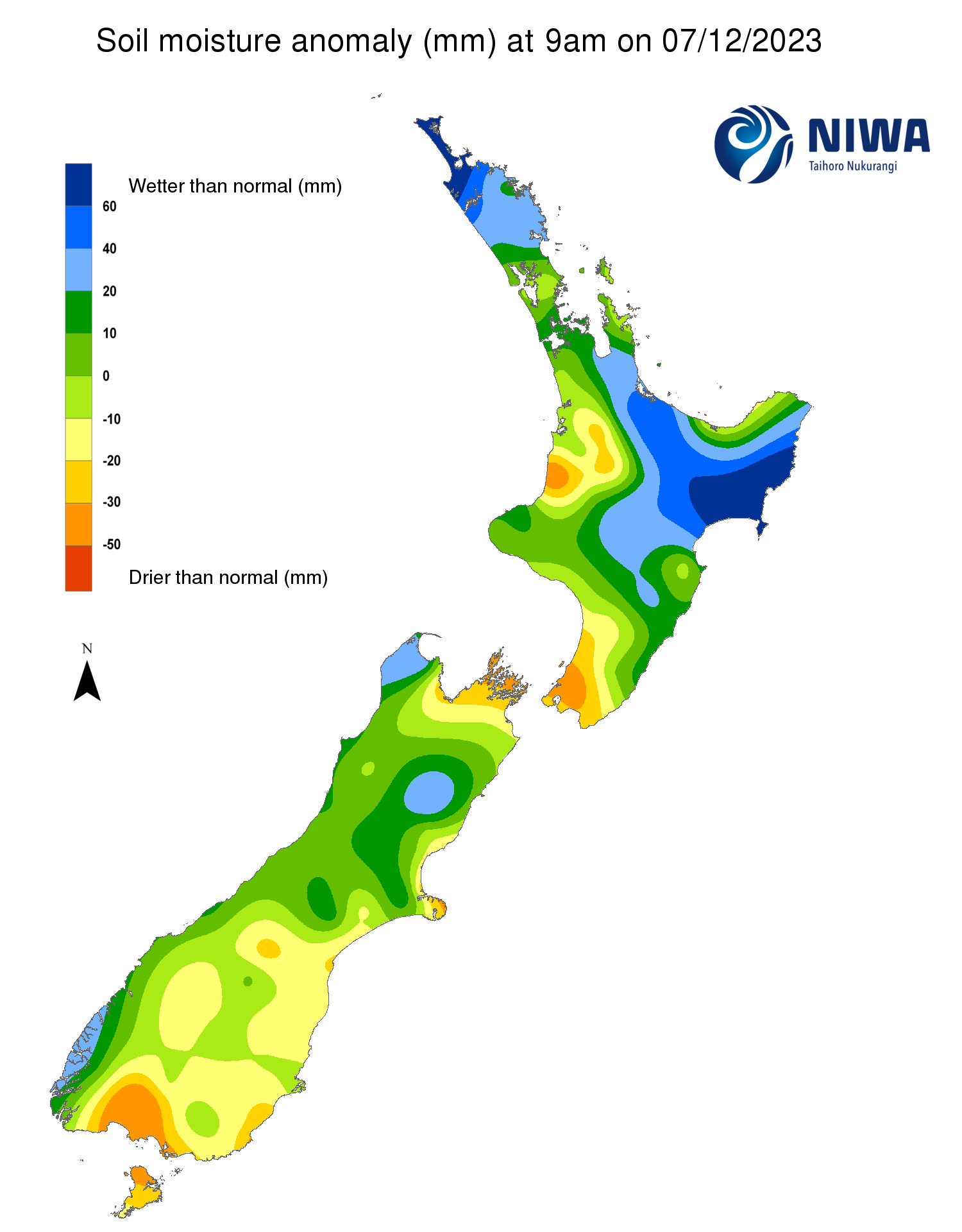 Soil moisture anomaly map (mm) at 9am on 7 December 2023