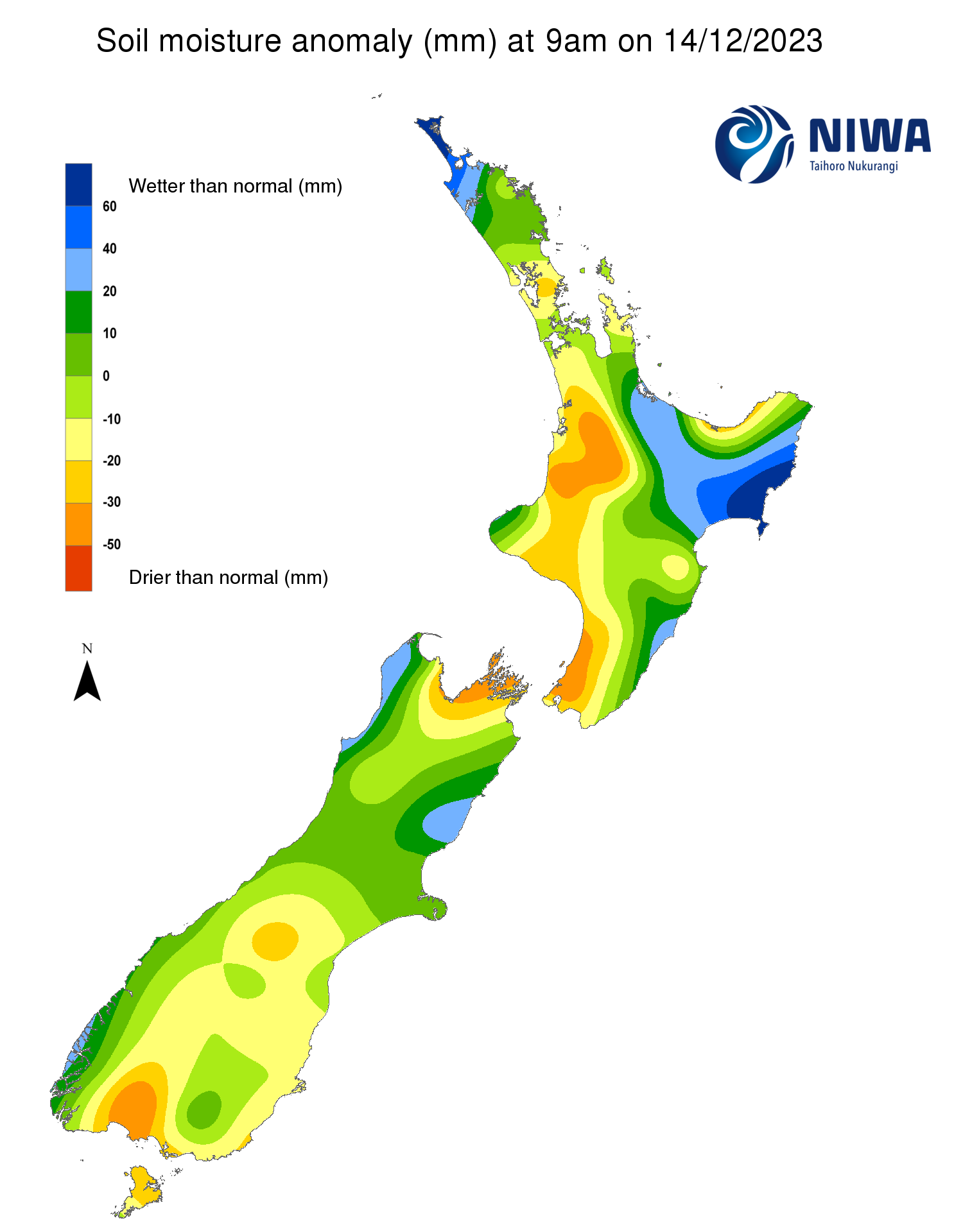 Soil moisture anomaly map (mm) at 9am on 14 December 2023