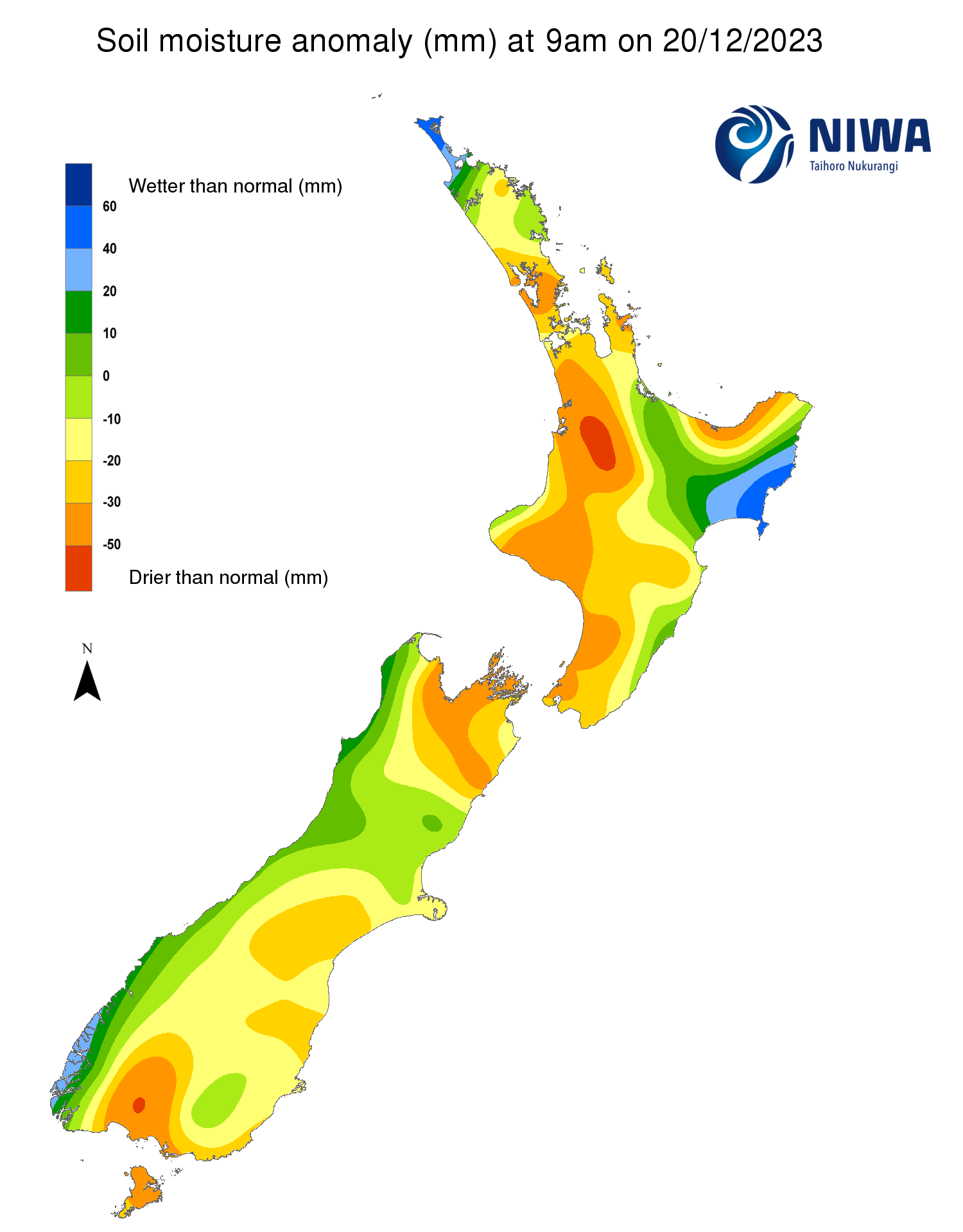 Soil moisture anomaly map (mm) at 9am on 20 December 2023