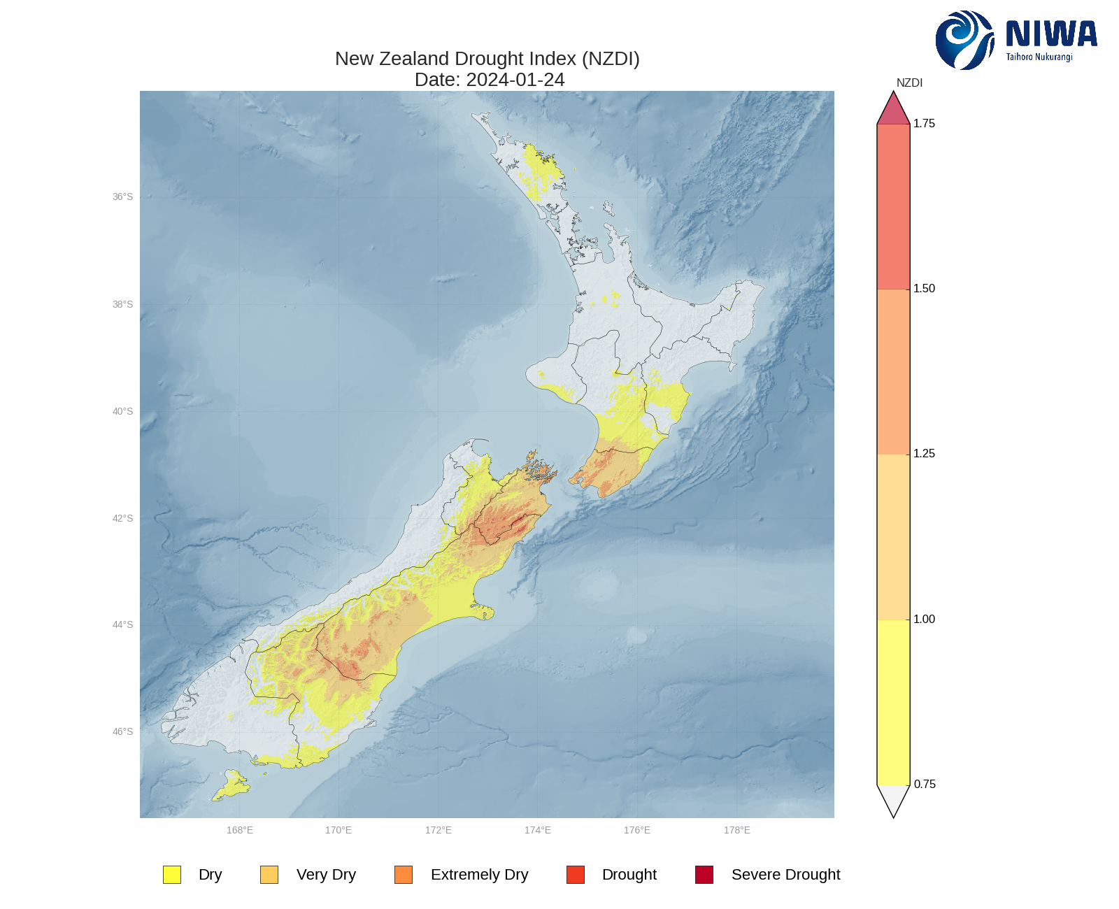 New Zealand Drought Index (NZDI) - 24 January 2024