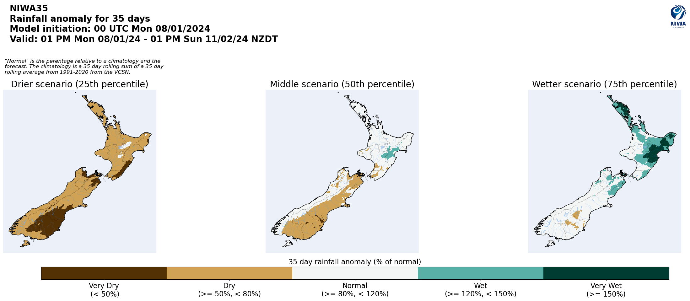 NZ rain anomaly for 35 days from 8 January 2024. [NIWA]