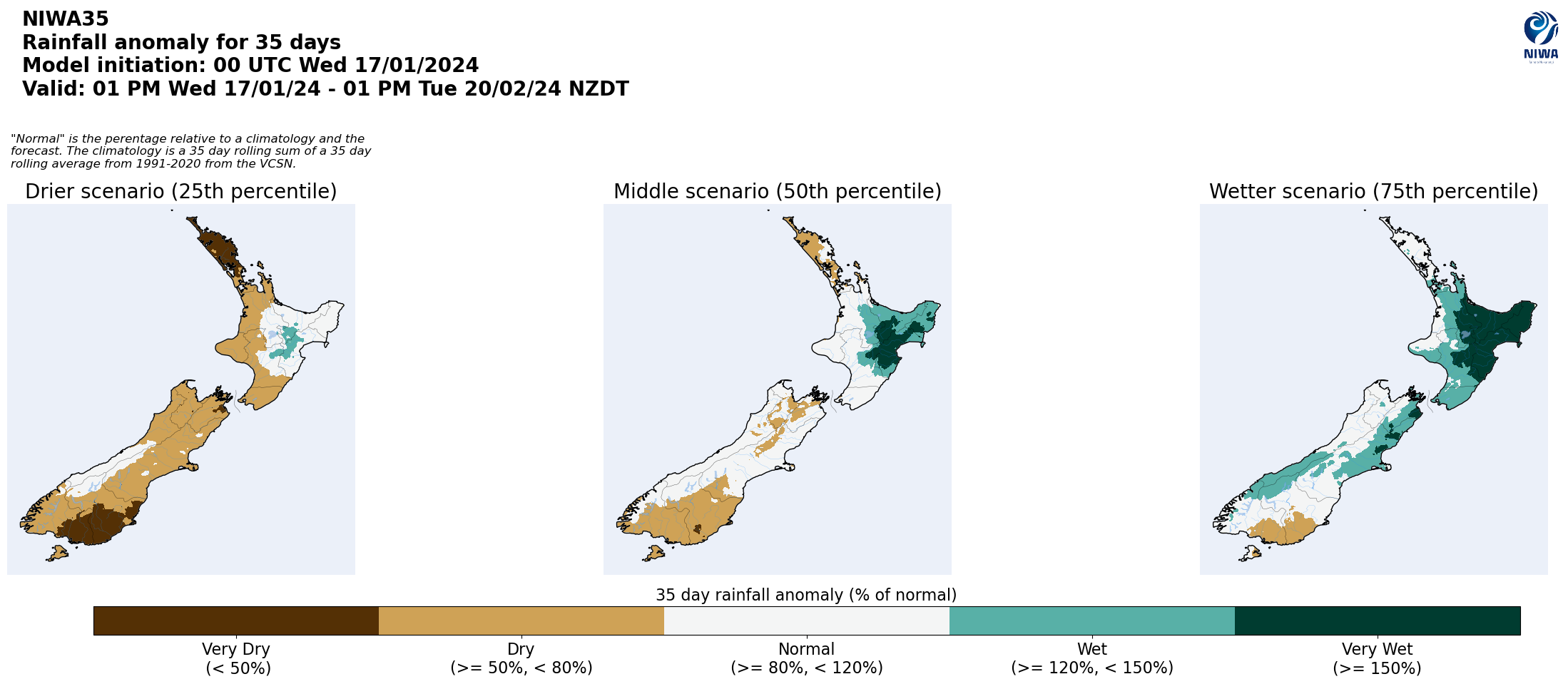 NZ rainfall anomaly for 35 days from 17 January 2024. [NIWA]