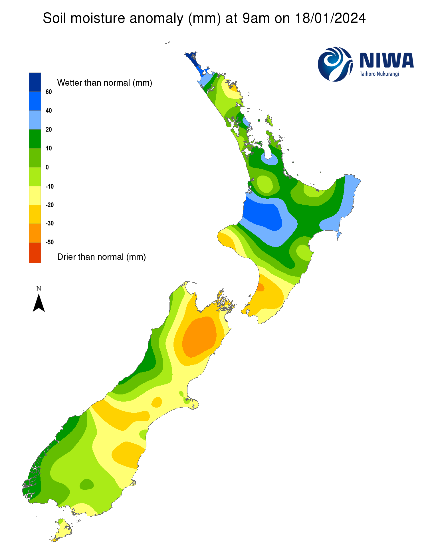 Soil moisture anomaly map (mm) at 9am on 18 January 2024. [NIWA]