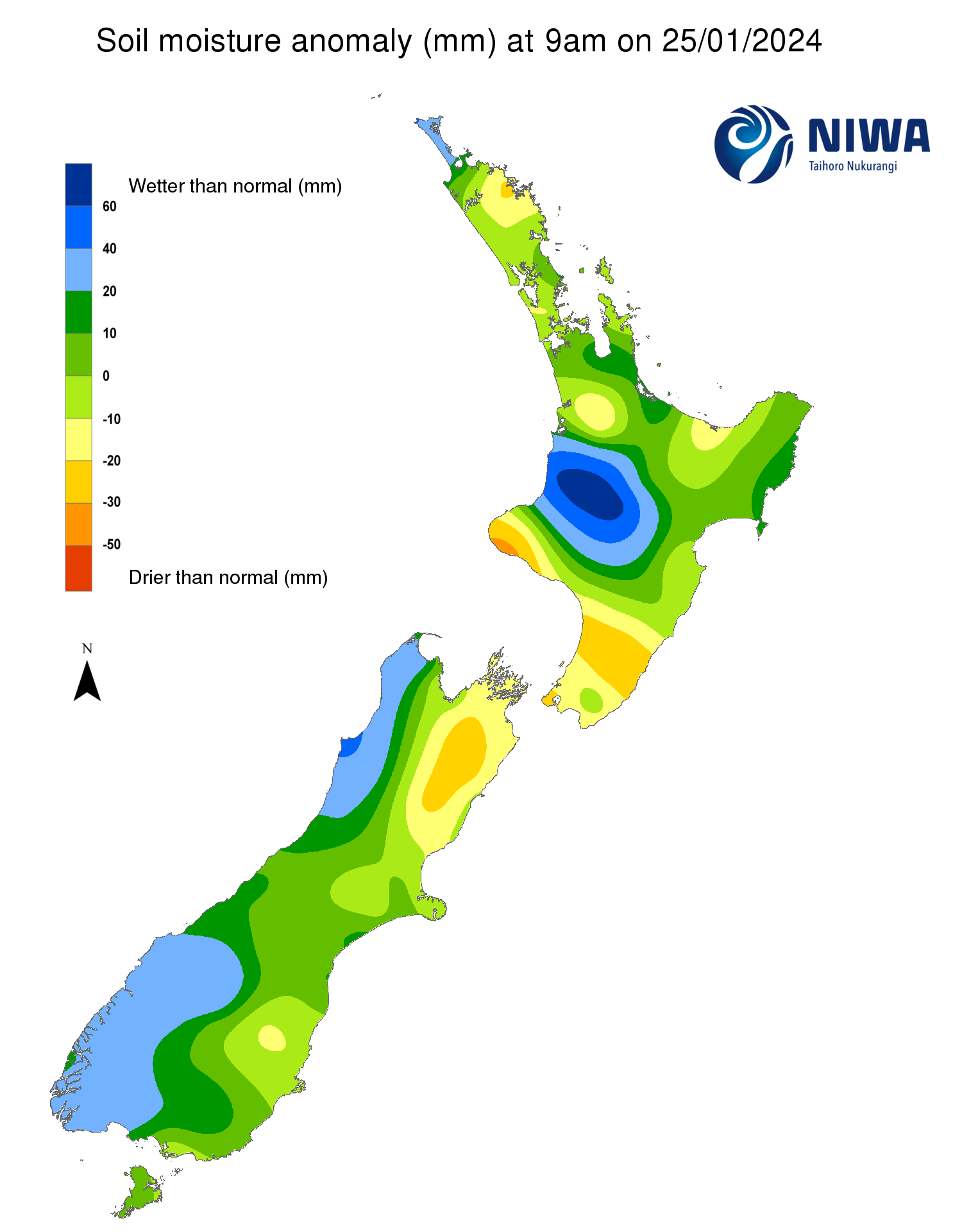 Soil moisture anomaly map (mm) at 9am on 25 January 2024