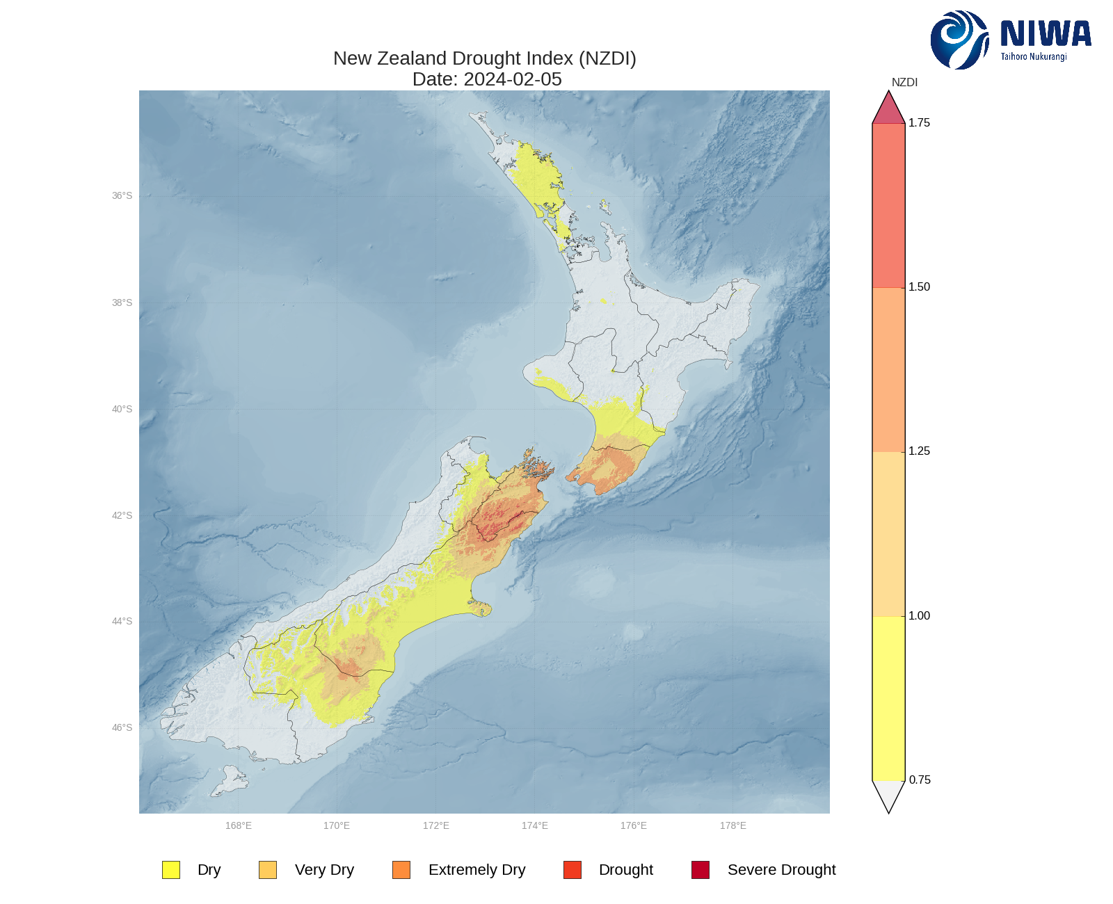 New Zealand Drought Index (NZDI) - 5 February 2024. [NIWA]