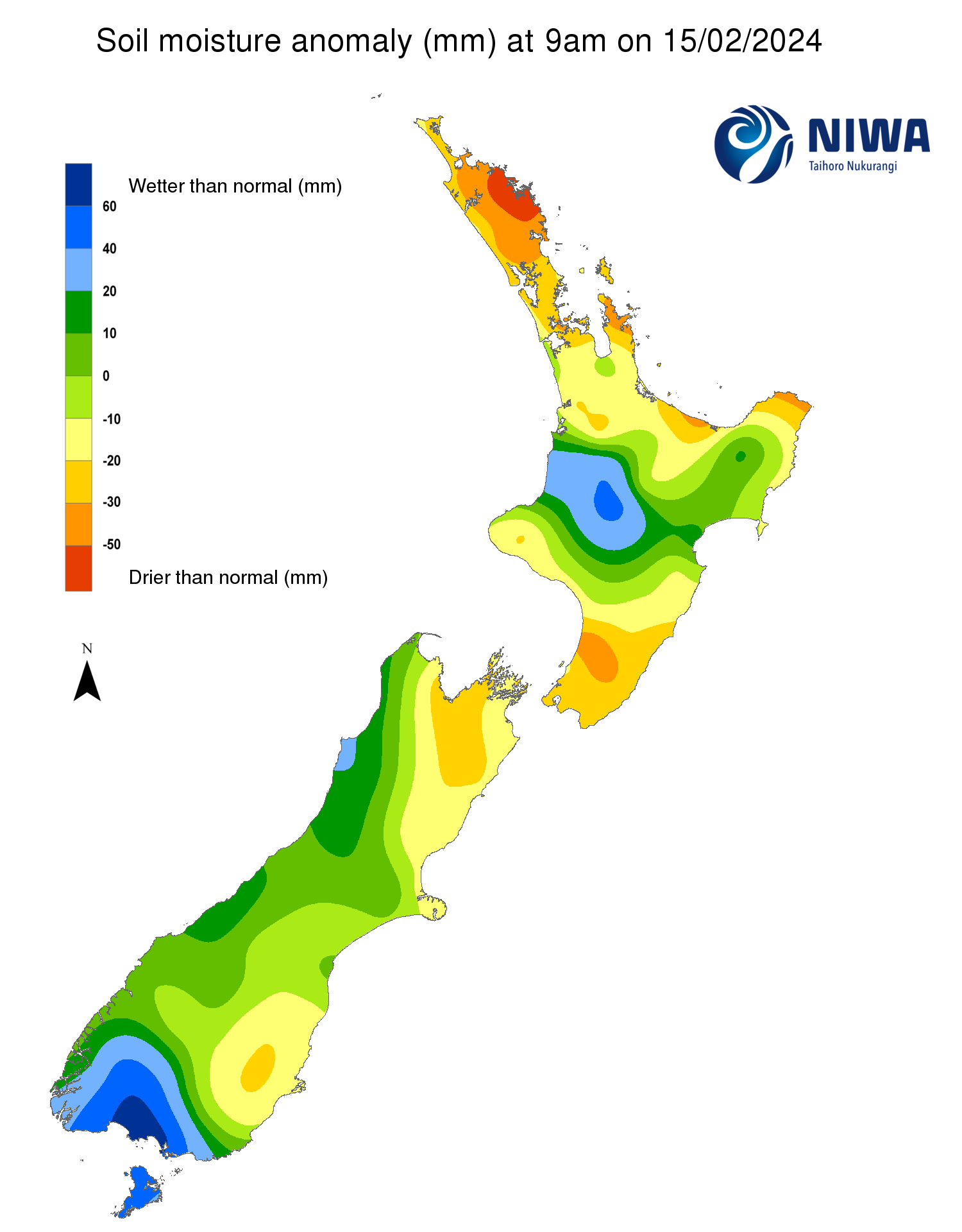 Soil moisture anomaly map (mm) at 9am on 15 February 2024