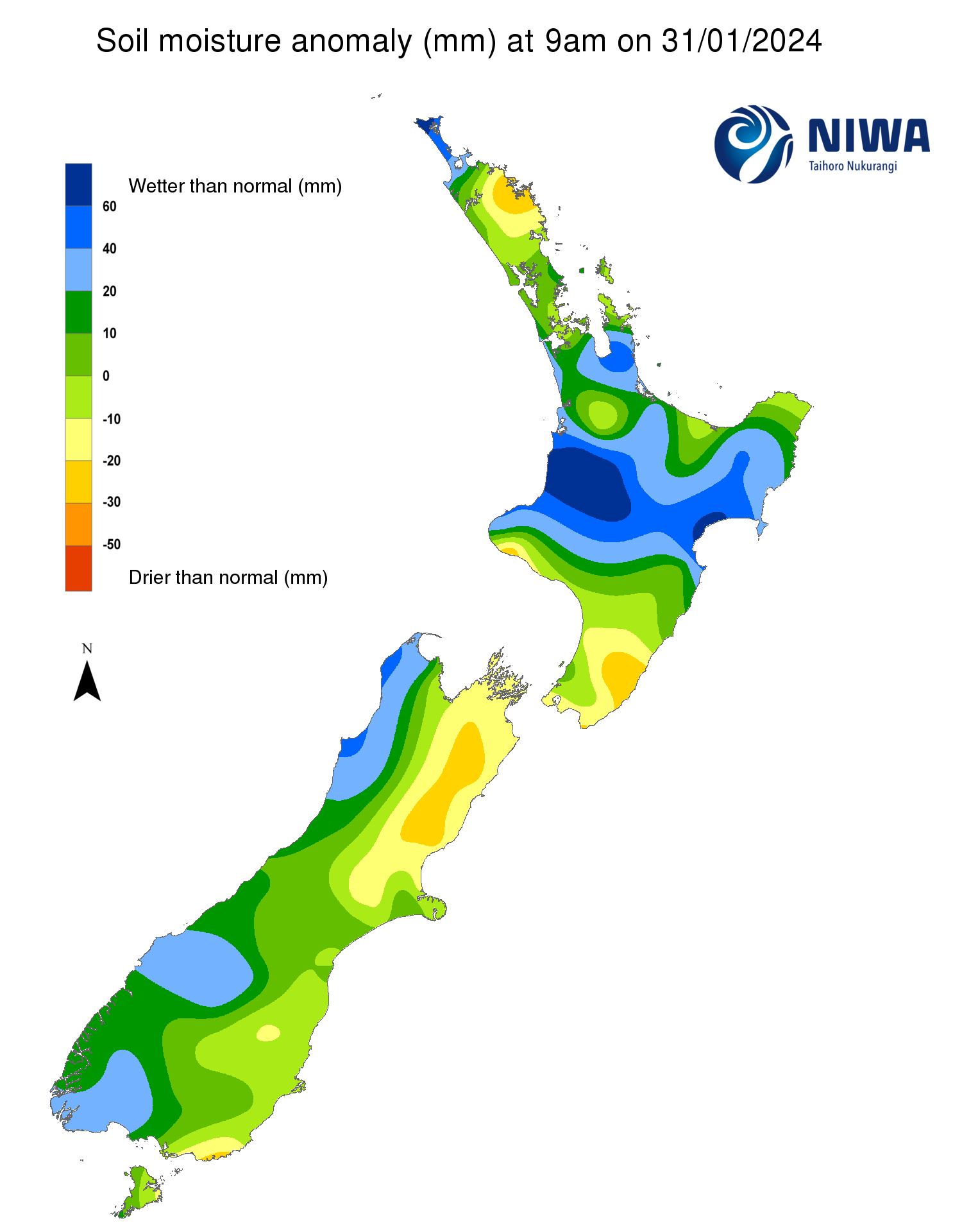 Soil moisture anomaly map (mm) at 9am on 31 January 2024