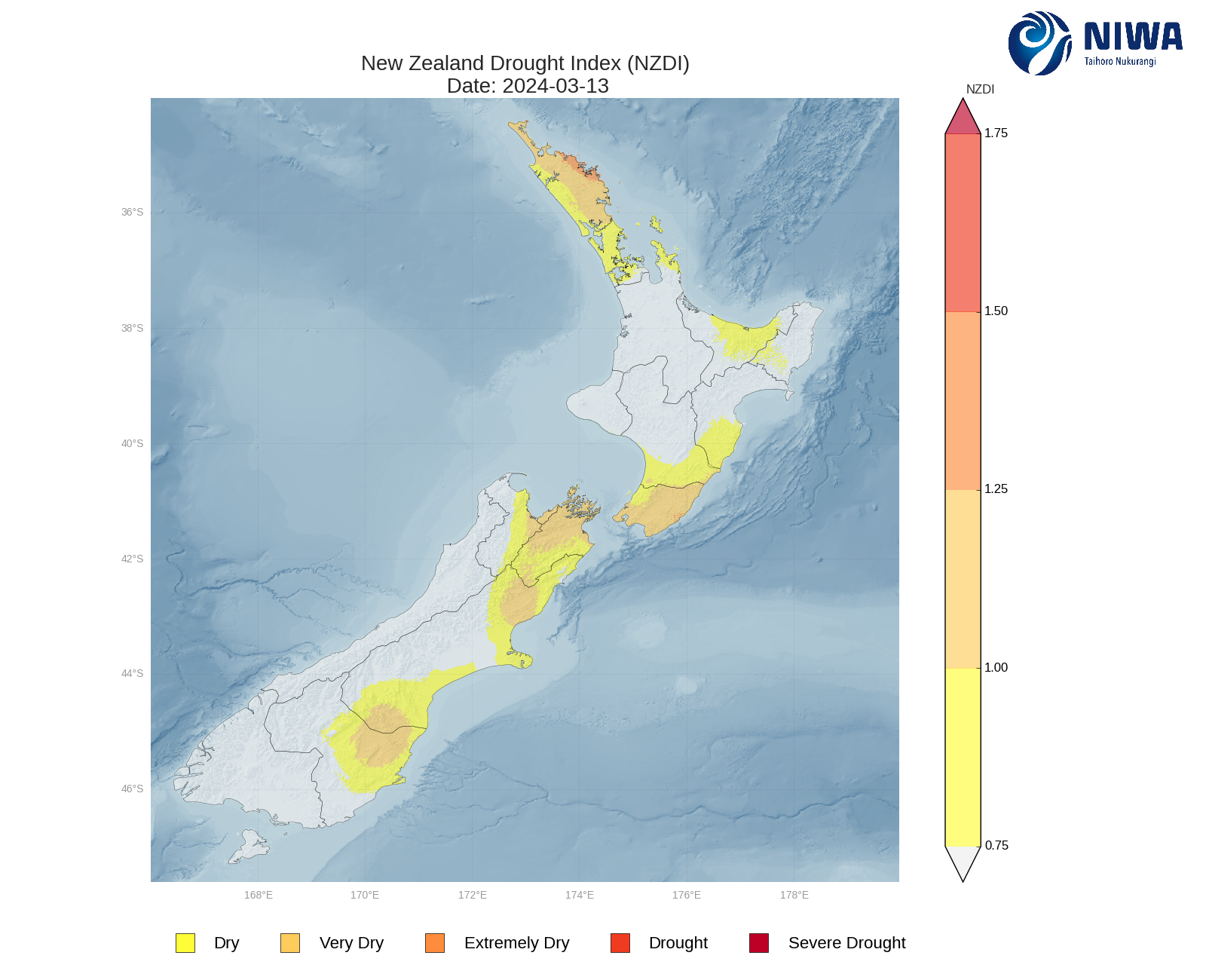 New Zealand Drought Index (NZDI) - 13 March 2024