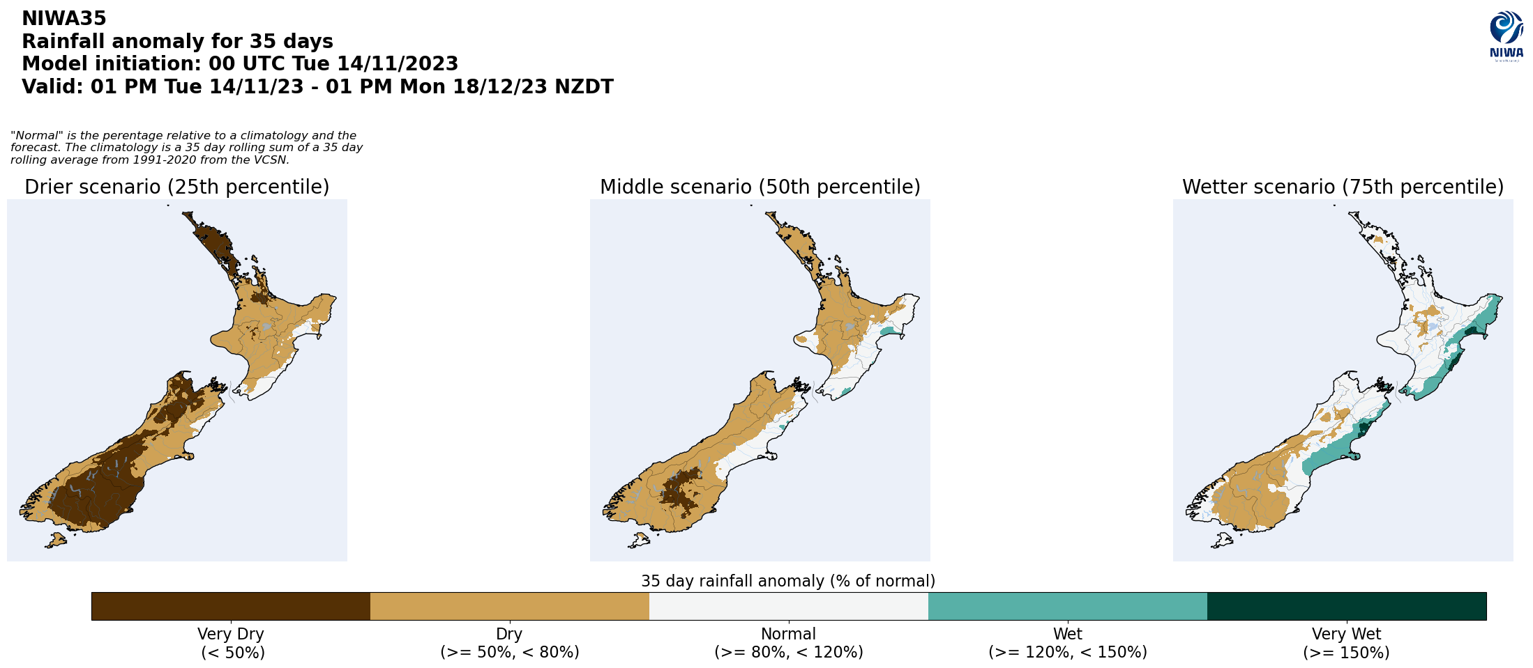 Rainfall anomaly maps for 35 days from 14 November 2023